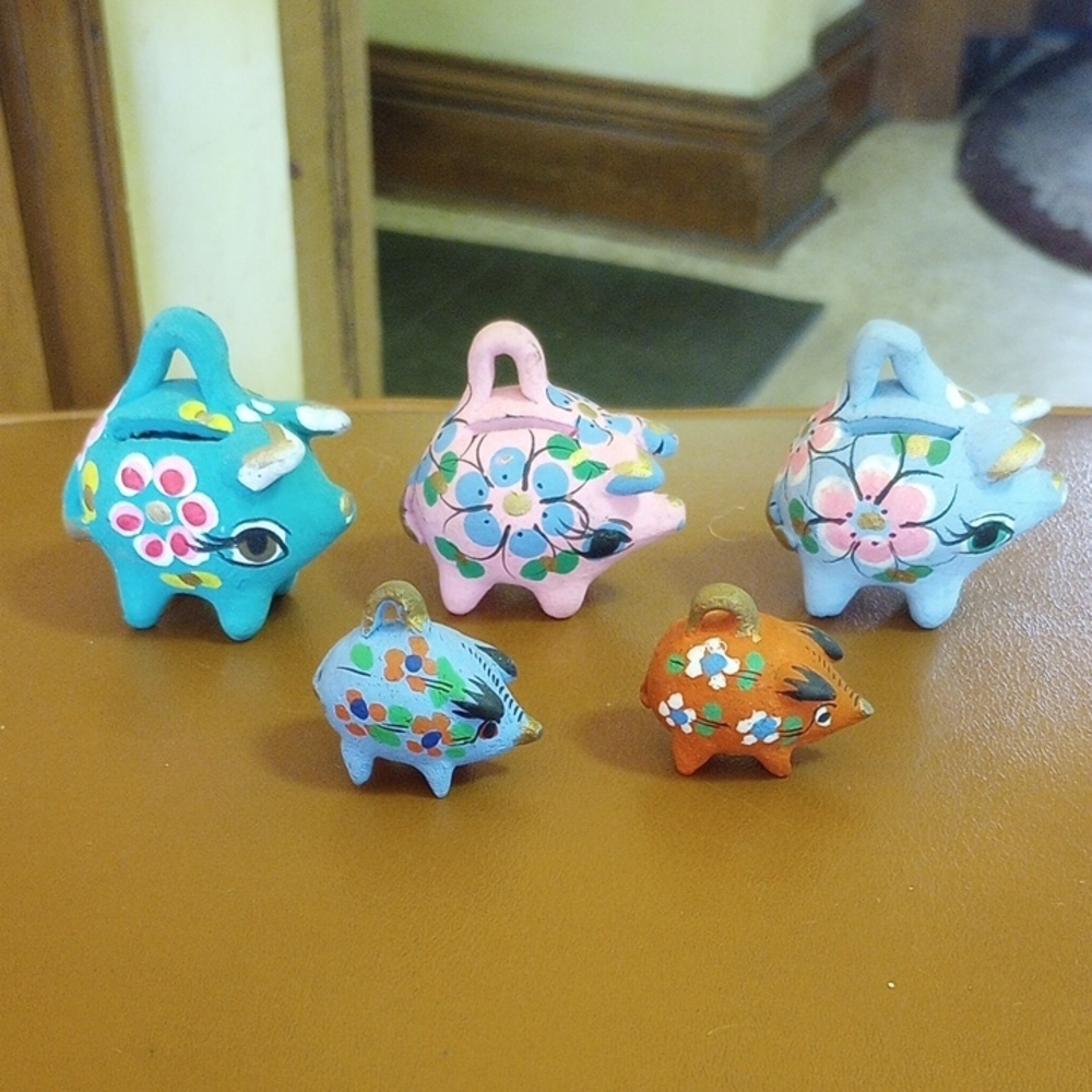 5 Miniature Painted Clay Pigs.  Green Pink Blue Orange Yellow Gold Black White